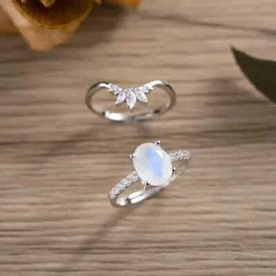 Juego de anillos de boda vintage de plata 925 con piedra lunar arco iris corte ovalado natural para mujer Foto 1 de 4