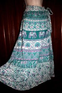 Funky People boho skirt wrap free size aqua white pink elephants cotton hippy - Picture 1 of 8