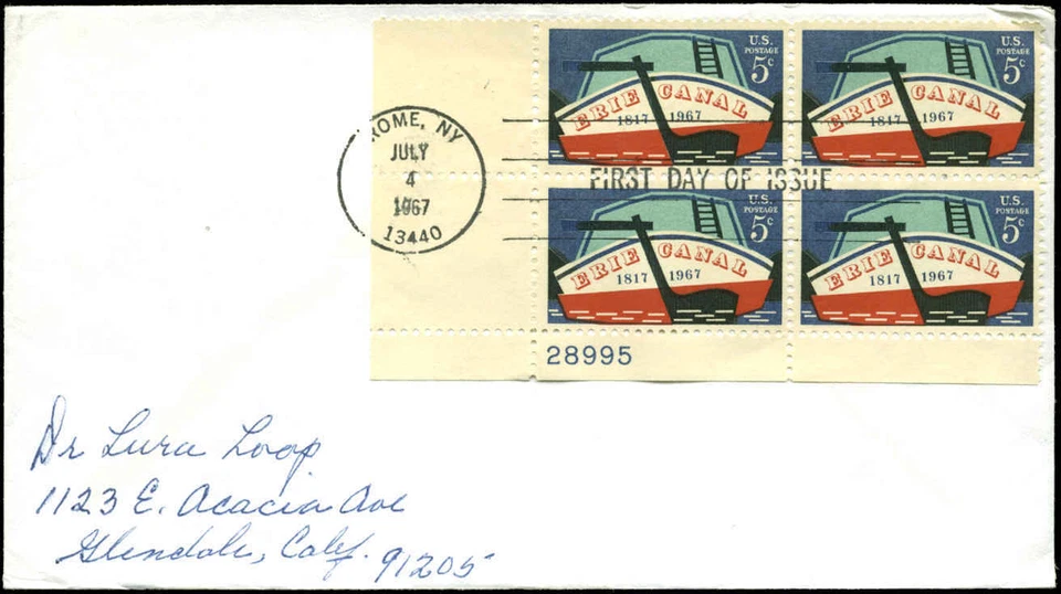 US FDC #1325 Plate block of 4 First Day Cover Rome, NY Erie Canal - Image 1 of 1