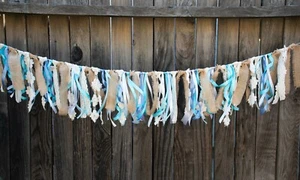 Burlap Blue Turquoise Lavender Ribbon and Lace Banner Garland Ribbons Decor - Picture 1 of 2