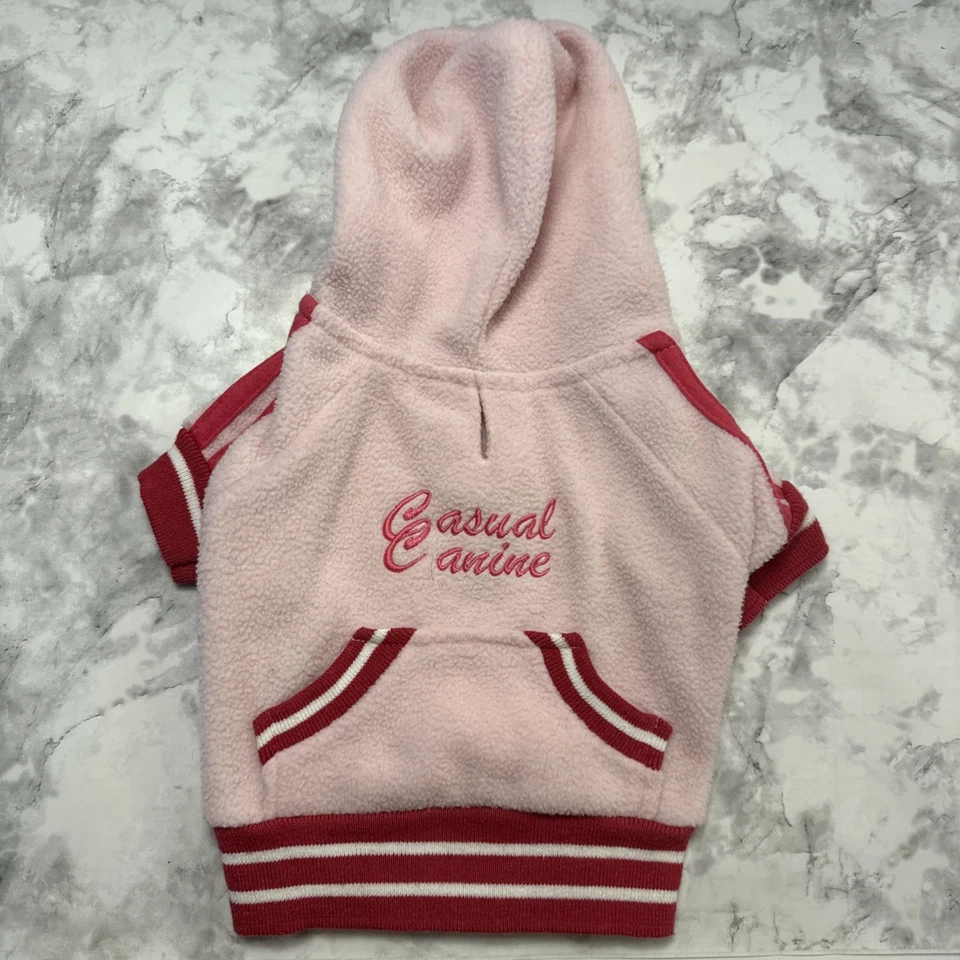 Dog Hoodie With Front Pocket Pint Fleece With Red And White Stretch Trim. Size S - Image 1 of 4