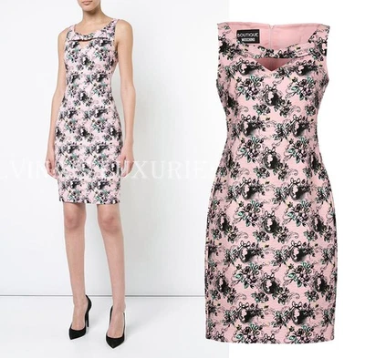 VESTIDO BOUTIQUE MOSCHINO BAINHA JACQUARD FLORAL ROSA RECORTE BUSTO IT 40 EUA 6 - Imagem 1 de 4