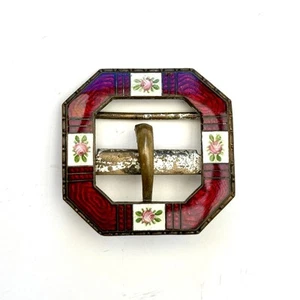 Antique Red Guilloche Enamel Buckle – Hand Painted Roses – Art Deco Era, c.1920s - Picture 1 of 7