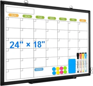 Dry Erase Calendar Whiteboard for Wall, 24"W x 18"H, Black Frame - Picture 1 of 7