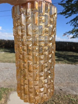 Rare! Vintage Amber MCM Brutalist 60s-70s Ice Cube Cut Glass Hanging Lamp Shade! - Image 1 of 4