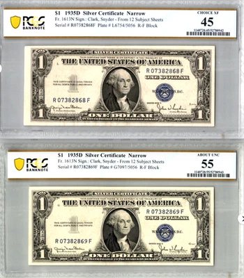 1935-D NARROW $1 Silver Certificate (SEQUENTIAL PAIR) PCGS 45 / 55 AU  Fr. 1613N - Image 1 of 4