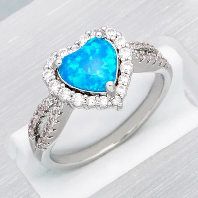 7x8 Heart Blue Fire Opal Silver Jewelry Women Wedding Engagement Ring Size 8 - Image 1 of 4
