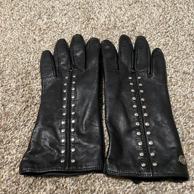 MICHAEL KORS Black Leather Studded Gloves Womens MK Logo Lined small - Image 1 of 4
