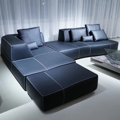B&B Italia Bend Sofa Modular / L Shape in Navi Blue Leather 394x177cm - Image 1 of 4