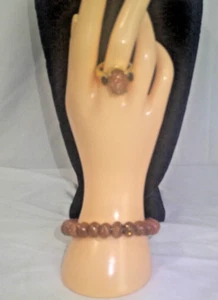 Vintage Carved Faceted Goldstone Stretch Bracelet & Ring Set Sparkling Elegance - Picture 1 of 10