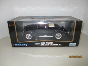 WELLY 1:18 SCALE DIECAST BLACK 1936 FORD DELUX CABRIOLET CONVERTIBLE TAN COVER - Picture 1 of 6