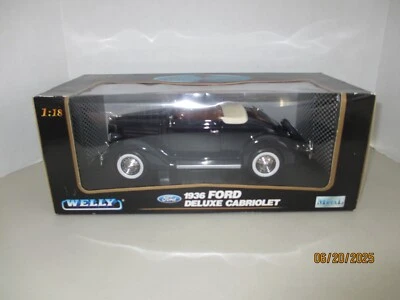 WELLY 1:18 SCALE DIECAST BLACK 1936 FORD DELUX CABRIOLET CONVERTIBLE TAN COVER - Image 1 of 4