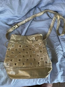 Vintage 80s METALLIC GOLD LEATHER Studs Rhinestones Bucket Shoulder Bag - Picture 1 of 7