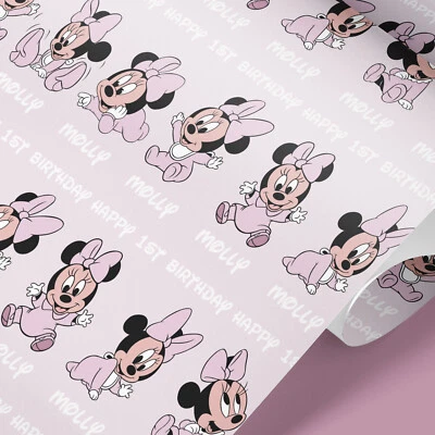 Papel de envolver personalizado Baby Minnie Mouse - Nombre, edad y ocasión | Regalo rosa Foto 1 de 3