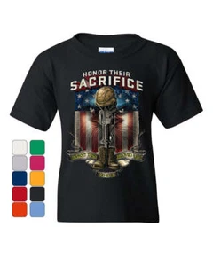 Honor Their Sacrifice Youth T-Shirt POW MIA Military Remembrance Army Kids Tee - Picture 1 of 8
