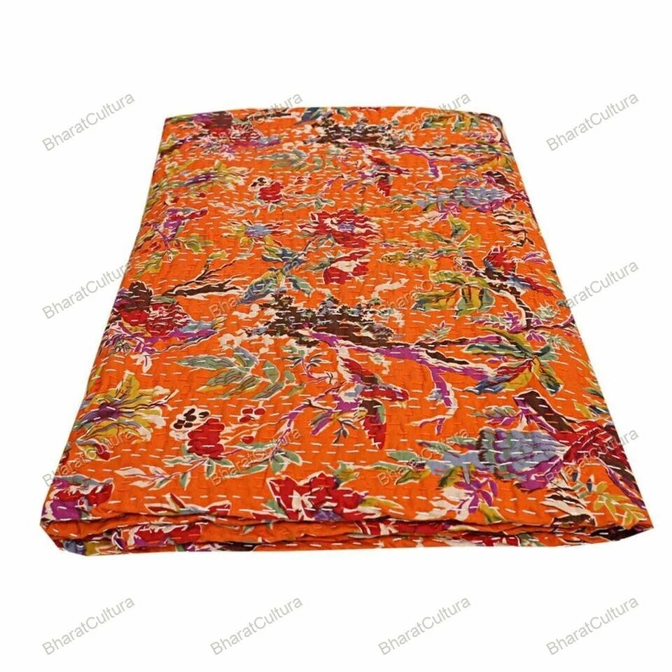 Colcha Kantha Doble Con Patrón De Flores Y Pájaros De Algodón Naranja Gitana - Imagen 1 de 4