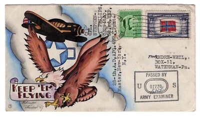 Dorothy Knapp Hand Painted #3 Keep 'Em Flying - WWII Patriotic APO 492 Censored - Image 1 of 2