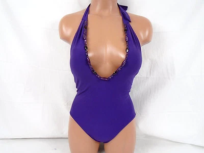 Sauvage Luxe Purple Deep Plunge V-Neck Beaded One-Piece Swim Suit Small #348L - Image 1 of 4