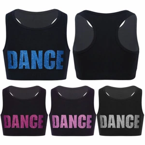 Girls Glittery Dance Racerback Crop Top Sports Bra Gym Ballet Athletic Tee Tank - Picture 1 of 36