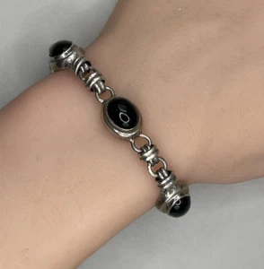 Handmade Sterling Silver 925 Black Onyx Chain Link Bracelet 7” - Picture 1 of 7