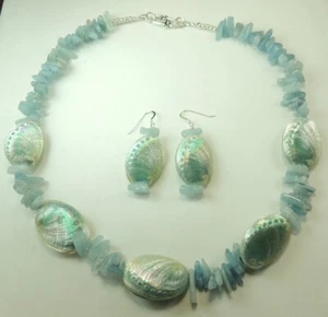 Aquamarine Shell Necklace & Earring Set Sterling Silver Statement Beach Wedding - Picture 1 of 3