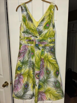 Vestido de Algodón NANETTE LEPORE Estampado de Pavo Real Talla 12 Rosa Verde Multi Forrado Plisado Foto 1 de 4