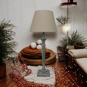 58cm Tall Wooden Washed Table Lamp with Taupe Linen Shade For Home, Office Decor - Picture 1 of 7