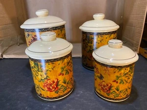 Set of 4 Pamela Gladding Canisters Gold Tuscan Look with Floral Design EUC - Picture 1 of 11