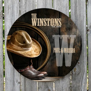WESTERN COUNTRY RUSTIC BOOTS AND HAT PERSONALIZED SIGN MONOGRAMMED  - Picture 1 of 1