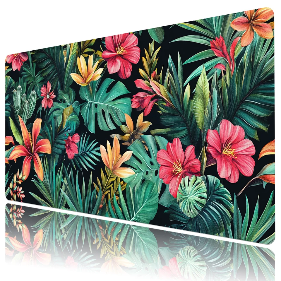 Green Leaf Red Floral Black Mouse Desk Pad for Keyboard Desk Mat 31.5x15.7 inch - Image 1 of 4