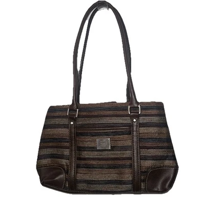 Liz Claiborne Brown Beige Striped Handbag with Leather Accents Logo EUC - Image 1 of 4
