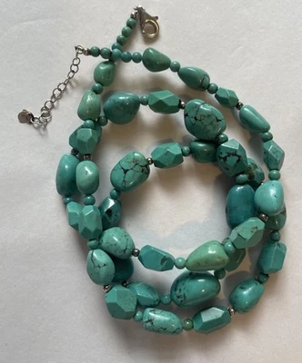 925 Sterling Silver Turquoise Nugget &  Bead Necklace 26-28" Adjustable Boho - Image 1 of 4