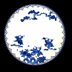 Vintage Chinoiserie Melamin Serving Plate Blue and White Japan Happy Boys - Picture 1 of 11