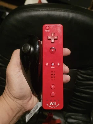 Nintendo Wii Motion Plus Remote Red Controller + Black Nunchuck  RVL-036 Tested  - Image 1 of 4