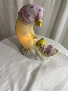 Vtg Porcelain Baby Sleeping on Man in the Moon Nursery Table Night Light 1984 - Picture 1 of 4