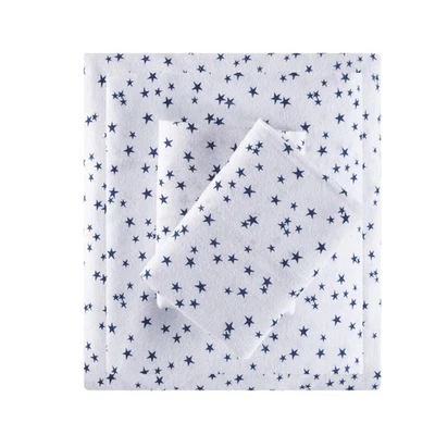 Twin Blue Stars 100 Percent Cotton Flannel Sheet Set Kids Warm Winter Bedding - Image 1 of 4