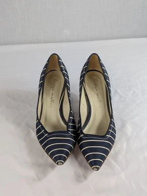 Sapatos de salto Bettye Muller azul listra branca lona gatinho tamanho 38 ITÁLIA - Imagem 1 de 4