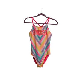 Justice Girls Striped Sunkissed One Piece Swimsuit Swimwear Pink Size 16 Youth - Picture 1 of 9