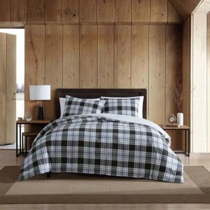 Eddie Bauer Comforter Set 96" x 92" Full/Queen Soft Cotton Plaid Blue 3-Piece - Picture 1 of 7