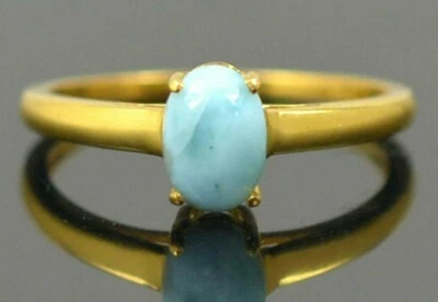 5x7 mm Oval Cabochon Natural Larimar Gemstone 14K Yellow Solid Gold Wedding Ring - Image 1 of 4