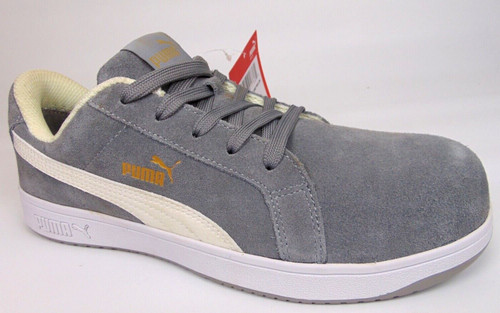 Sneaker da lavoro Puma Iconic scamosciate grigie donna punta bassa di sicurezza taglia 9 5 M nuova esposizione