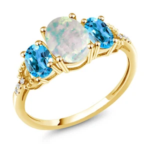 10K Yellow Gold White Simulated Opal Swiss Blue Topaz and Diamond Accent - Picture 1 of 4