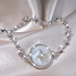 18k white gold gp round mother of pearl shell simulated diamond chain bracelet - Picture 1 of 6