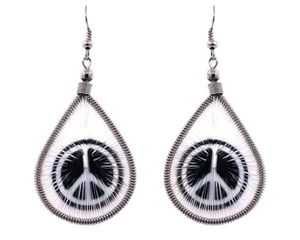 Peace Sign Black & White Thread Teardrop Dangle Earrings Hippie Graphic Jewelry - Picture 1 of 1