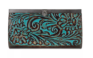PATRICIA NASH FLORAL Tooled CAUCHY TURQUOISE Italian LEATHER WALLET With FRAME