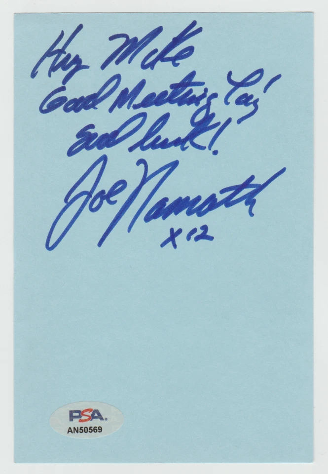 JOE NAMATH Signed 4 x 6 Index Card Autograph AUTO PSA/DNA Authentication TO MIKE - Image 1 of 1