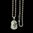 Mens Real 10K Yellow Gold Jesus Head Face CZ Charm Pendant & 2.5mm Rope Chain