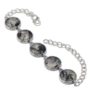Black Rutile Quartz Gemstone Silver Plated Jewelry Bracelet 7-8" - Picture 1 of 1