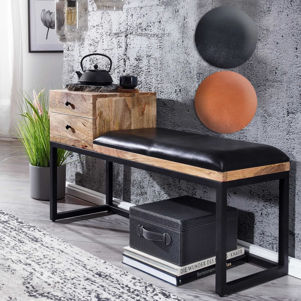 Sitzbank FineBuy Flurbank Echtleder Holz Massiv 100 cm Polsterbank Stauraum Bank - Bild 1 von 1
