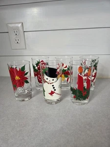 Set Of 6 Vintage Christmas Glasses Tumblers Snowman Candy Canes Bells 5"H - Picture 1 of 11